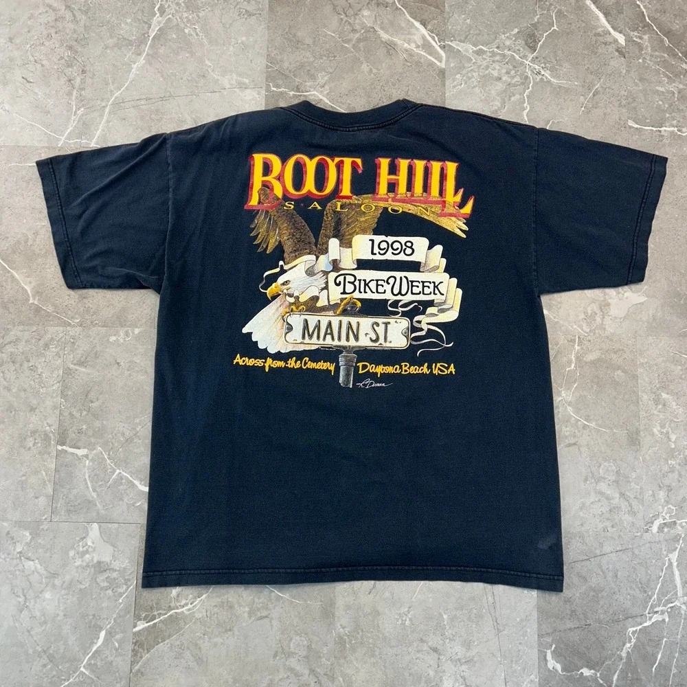 90s Vintage Bike Week Graphic Tee Mens 2XL Boot Hill Saloon Eagle Pocket Shirt